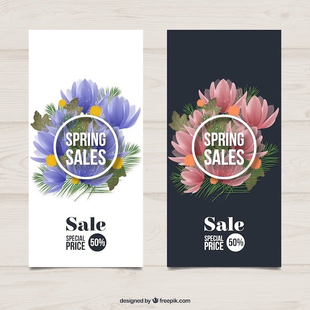 Realistic flowers spring sales banners