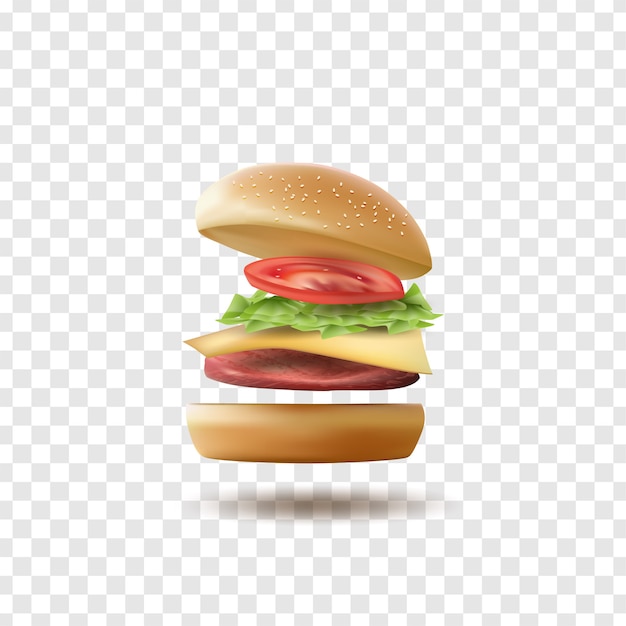 Premium Vector Realistic Flying Burger Isolated On Transparent Background