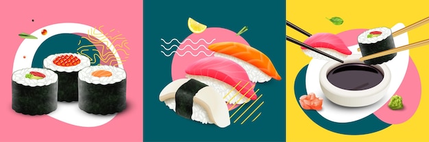 リアルな新鮮な寿司デザインコンセプトセット孤立イラスト プレミアムベクター