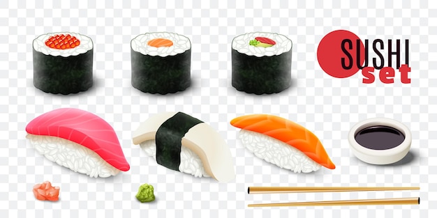 リアルな新鮮な寿司セットクリッピングパス分離イラスト 無料のベクター
