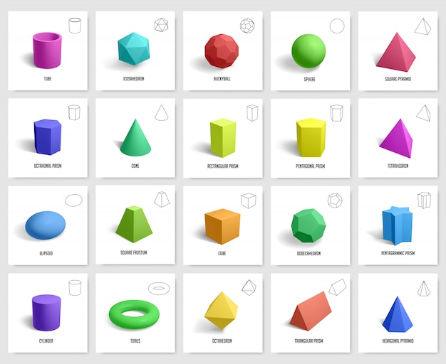 現実的な幾何学的形状 基本的な幾何学のプリズム キューブ シリンダーの数字 幾何学的な多角形および六角形の図のアイコンセット キューブ形状の幾何学的形状 プレミアムベクター