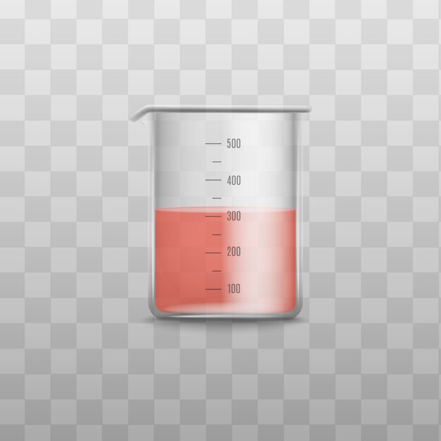 内部の赤い薬液 透明な背景 イラストの体積測定のための透明なプラスチック容器と現実的なガラス計量カップ プレミアムベクター