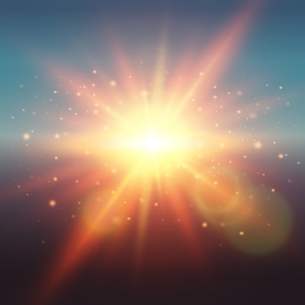 レンズフレアのビームと粒子のベクトルイラスト日の出または日没で現実的なグロー春日光 無料のベクター