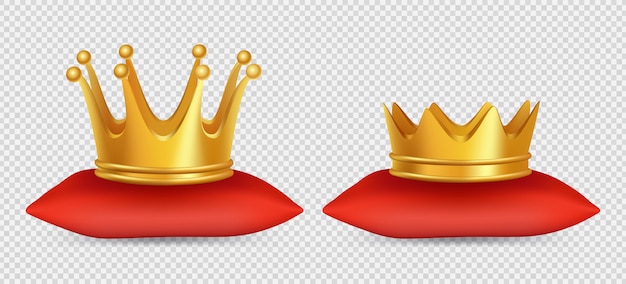 プレミアムベクター 現実的な金の王冠 透明な背景の赤い枕の上の王と女王の王冠