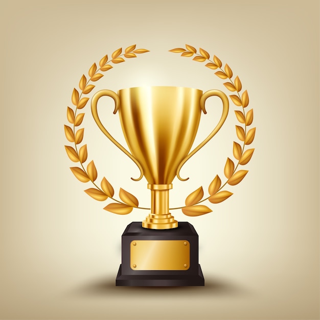 Realistic golden trophy with gold laurel wreath Premium Vector