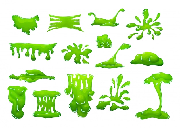  Realistic green slime in the shape of dripping blob splashes smudges