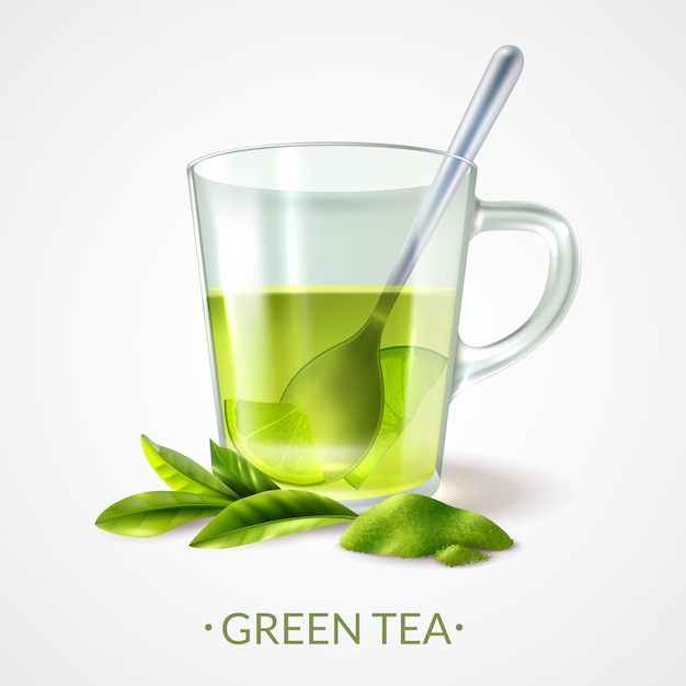 現実的な緑茶とカップスプーンベクトルイラスト 無料のベクター