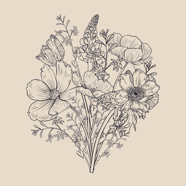 Realistic hand drawn vintage floral bouquet Vector Free Download