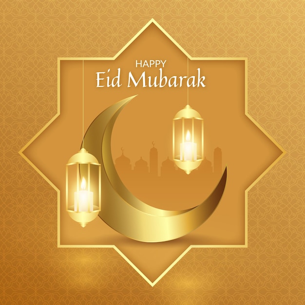 Realistic happy eid mubarak moon and lanterns | Free Vector