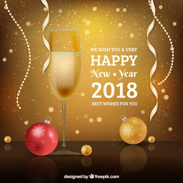 Realistic happy new year 2018 with champagne
glass and baubles