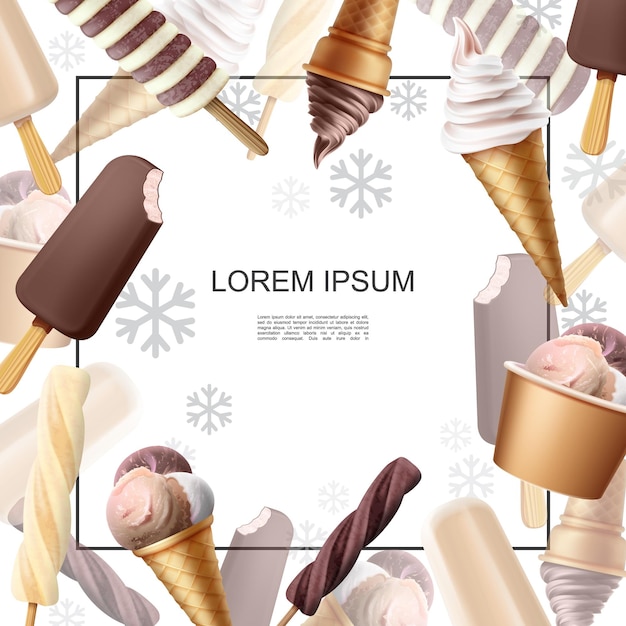 Download Free Vector Realistic Ice Cream Colorful Template With Popsicle Sundae Chocolate Vanilla Caramel Icecream On Stick And Scoops In Waffle Cones