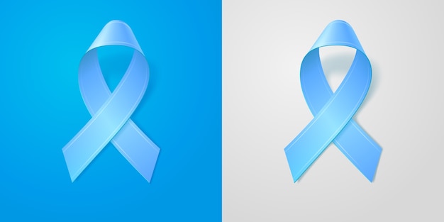 青と灰色の孤立した背景に柔らかい影とリアルなイラストの青いリボン 前立腺がんの意識のシンボル デザイン用の編集可能なテンプレート 3dアイコン プレミアムベクター