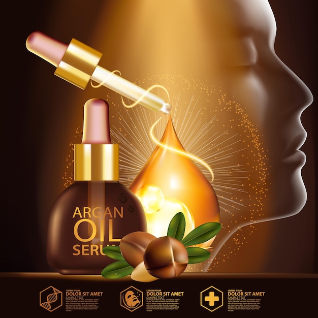 Realistic illustration cosmetic  with ingredients argan oil skincare cosmetic Premium Vector