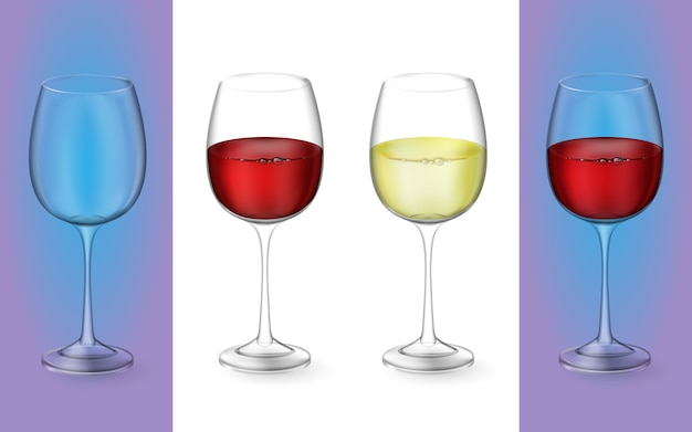 リアルなイラスト 赤と白のワインで透明な孤立したワイングラス アルコール飲料のグラス プレミアムベクター