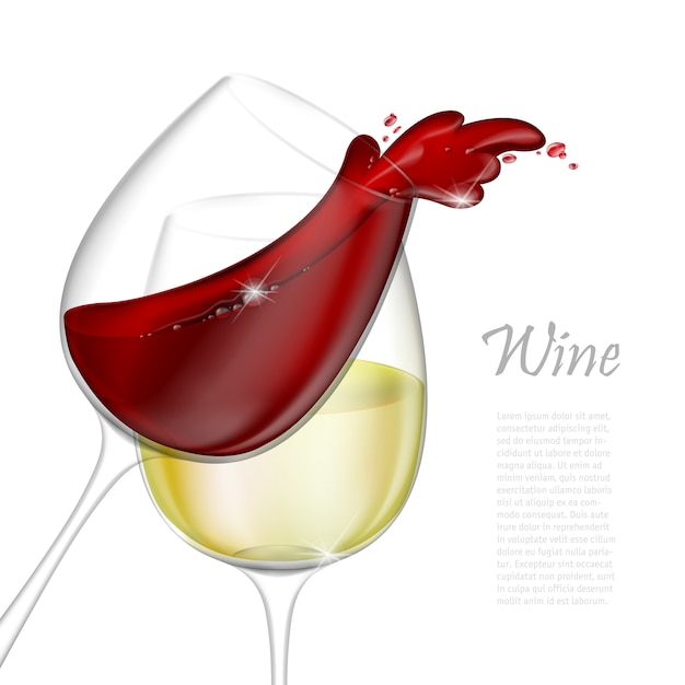 リアルなイラスト 赤と白のワインで透明な孤立したワイングラス ガラスのスプラッシュから注ぐ赤ワイン プレミアムベクター