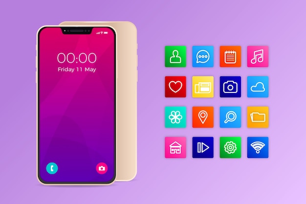グラデーションの紫の色合いのアプリを搭載したリアルなiphone 11 無料のベクター