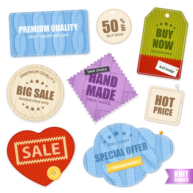 Realistic knitted badges labels collection Free Vector