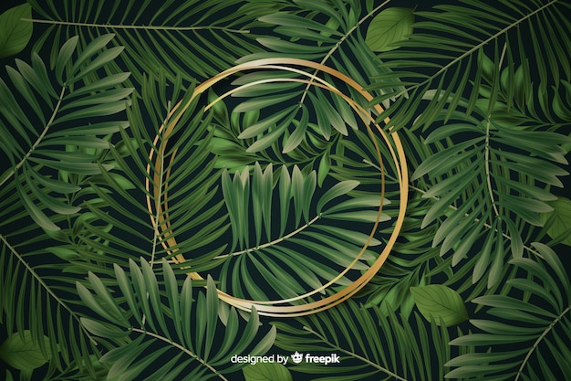 Realistic leaves with golden frame background Free Vector