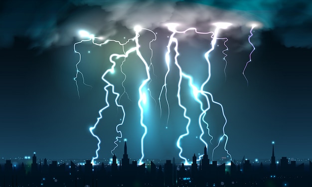 現実的な稲妻は 都市景観のシルエットと夜空に雷ストロークと落雷の構成を点滅します 無料のベクター