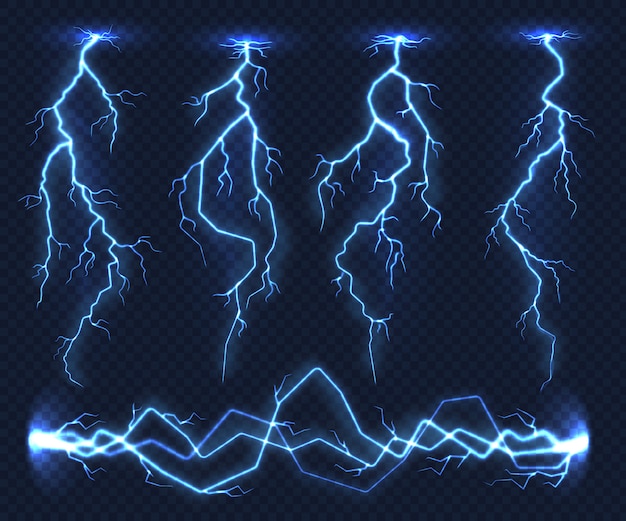 Realistic lightnings. electricity thunder light storm flash thunderstorm in cloud. nature power ener