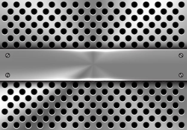 Realistic metal banner on circle mesh background. Premium Vector
