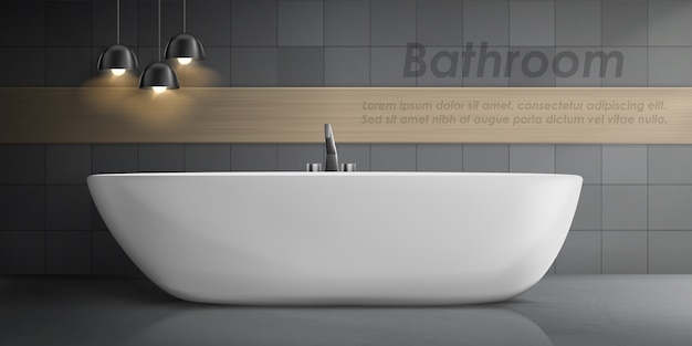 Download Realistic mockup of bathroom interior with big white ceramic bathtub, metal tap | Free Vector