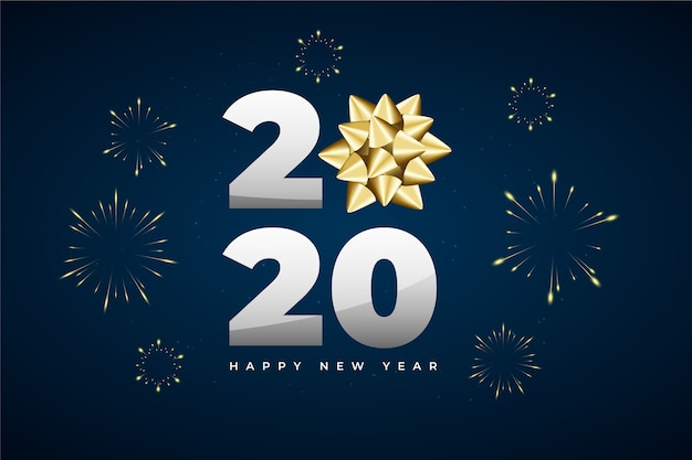 Realistic New Year 2020 Background With Golden Gift Bow Free Vector