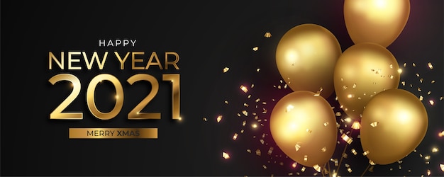 Free Vector | Realistic new year banner with golden balloons and confetti