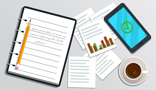 Realistic notebook with text, smartphone with check mark on screen, pencil, cup of coffee, chart isolated on white Premium Vector