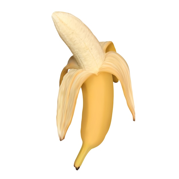 白い背景の上の現実的なオープンバナナ 半分皮をむいたバナナ イラスト プレミアムベクター