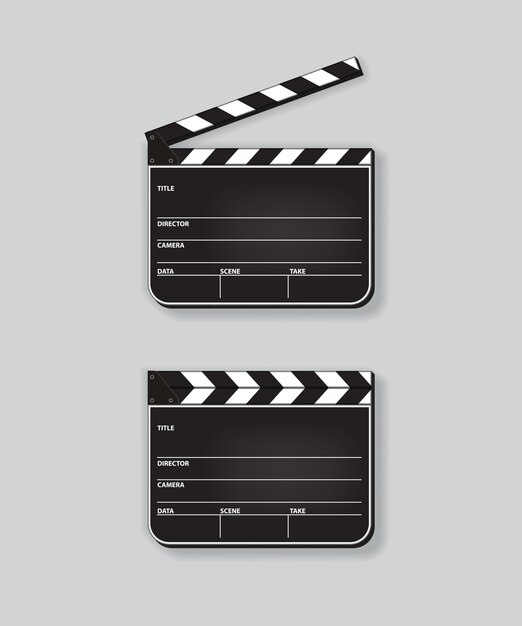 Realistic opened and closed clapperboards on grey background. Premium Vector