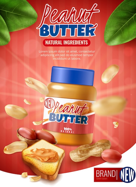 Realistic peanut butter vertical ads with branded jar and arachis beans ...