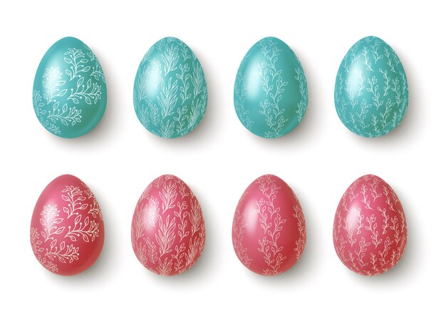 Premium Vector | Realistic pink and blue easter eggs with flower ornaments