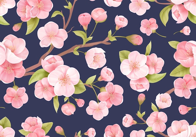 リアルなピンクのさくらの花のシームレスな背景 日本の開花桜のエキゾチックな質感 春の花 結婚式の背景 テキスタイル ファブリックのパターンの葉 プレミアムベクター