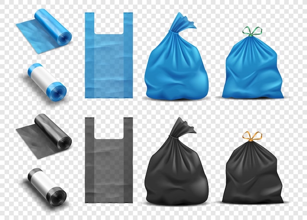 ごみセット用のリアルなビニール袋 ハンドル付きのゴミとゴミのパッケージ 完全なゴミ袋とパケットロールの使い捨てパック ベクトルイラスト プレミアムベクター