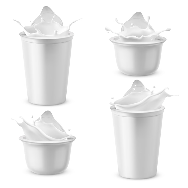 Download Free Vector Realistic Plastic Packages With Yogurt Dairy Sour Cream Splashing With Foil Lid