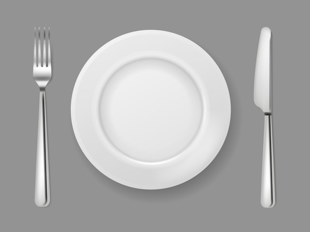 リアルなプレートナイフフォーク 銀カトラリー白い食品空プレート金属フォークとナイフのディナーテーブルトップビューの分離 プレミアムベクター