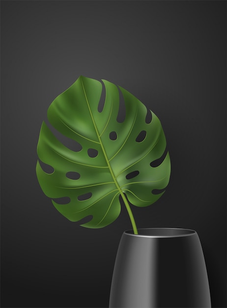 暗い背景の上に花瓶に緑の熱帯の葉と現実的なポスター インテリア 家の装飾 広告 壁紙 カード バナー Webのモンステラと植物のイラスト プレミアムベクター