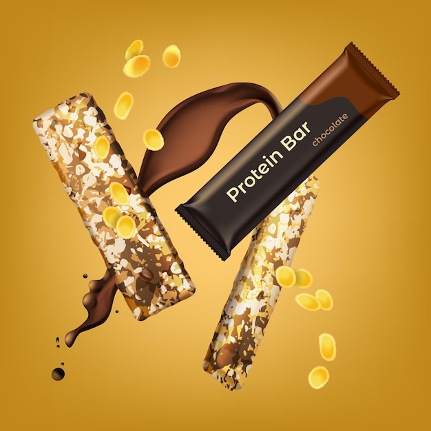 Premium Vector Realistic Protein Bar With Chocolate Taste Packed And Open On Yellow Background