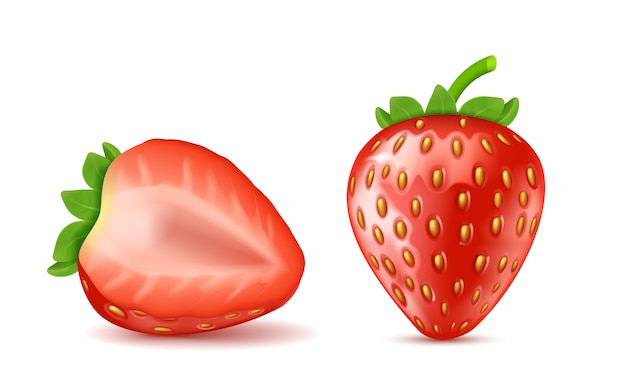 Free Vector Realistic Red Ripe Strawberries Whole And Half Isolated On Background