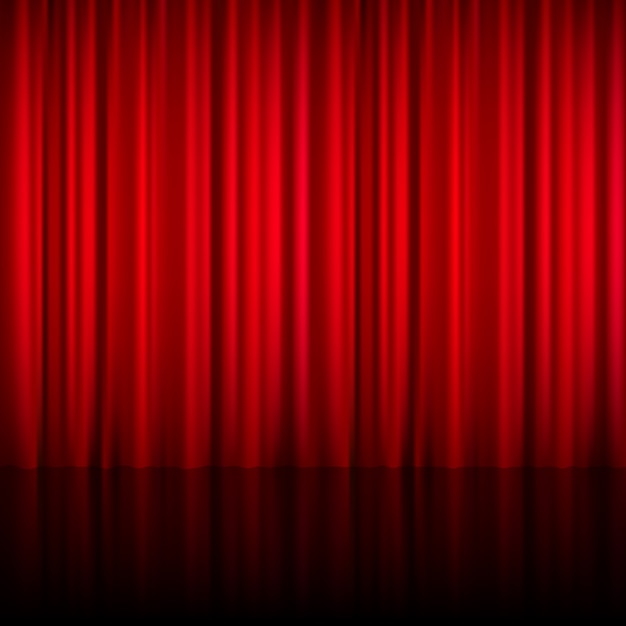 無料のベクター ステージの床のベクトル図に反射と光沢のある素材の現実的な赤い劇場閉鎖カーテン