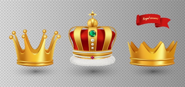 リアルな王冠 高級プレミアム君主制アンティークdiademダイヤモンドと宝石 透明な背景に分離された金の王冠 プレミアムベクター