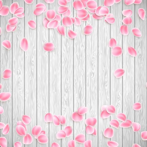 Premium Vector | Realistic sakura petals on a white wooden background.