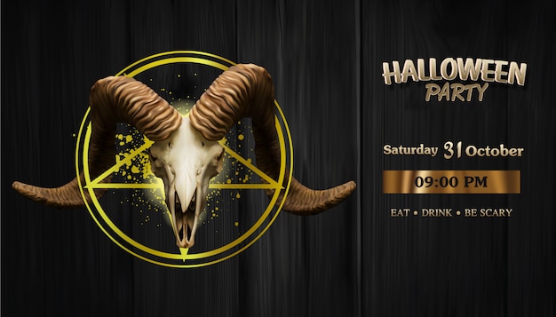 Realistic satan goat skull on satan star, halloween party banner Premium Vector