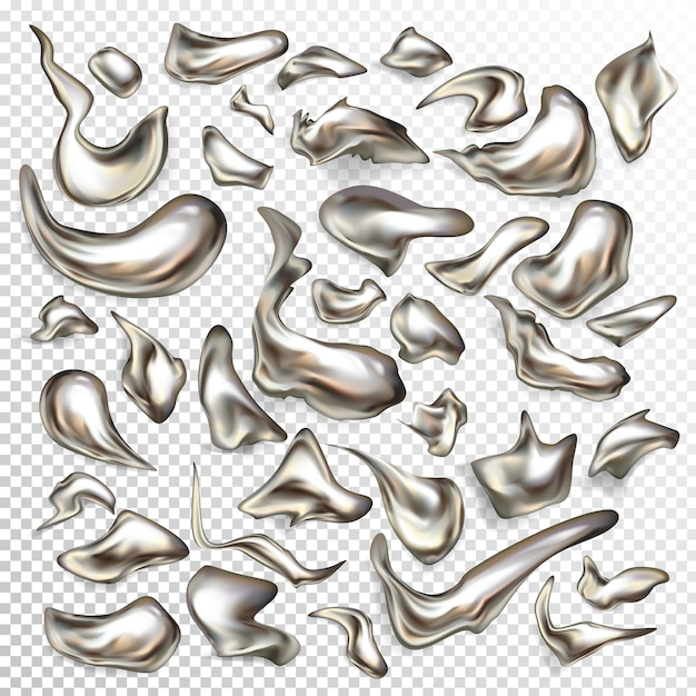 Realistic set of liquid metal drops in abstract shapes Free Vector
