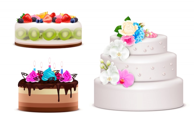 クリームブーケで飾られた誕生日と結婚式のお祝いケーキのリアルなセットはろうそくと新鮮な果物のイラストを分離 無料のベクター