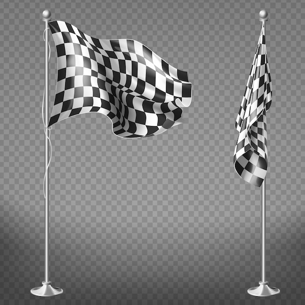 Realistic set of two racing flags on steel\
poles isolated on transparent background.