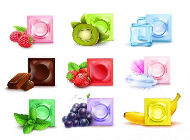 Realistic set of scented condoms in colorful packages with fresh fruit mint chocolate isolated on white background vector illustration Free Vector