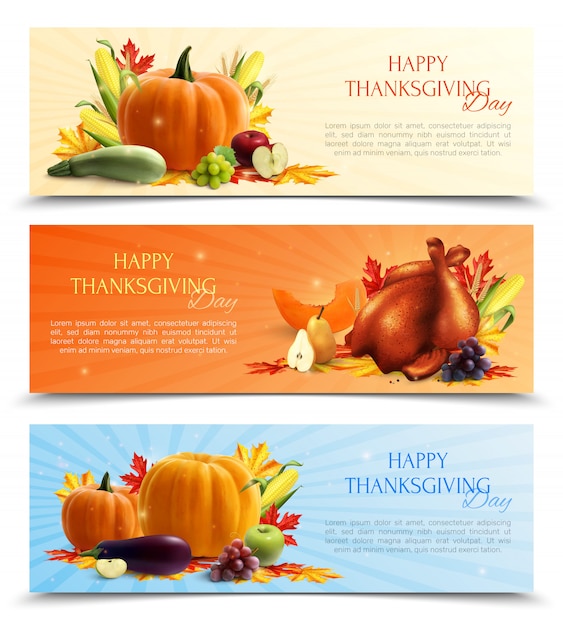 Realistic set of thanksgiving day banners with autumn harvest and