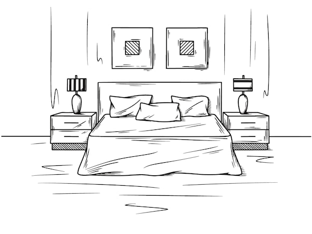 Premium Vector | Realistic sketch of the bedroom. hand drawn sketch of ...